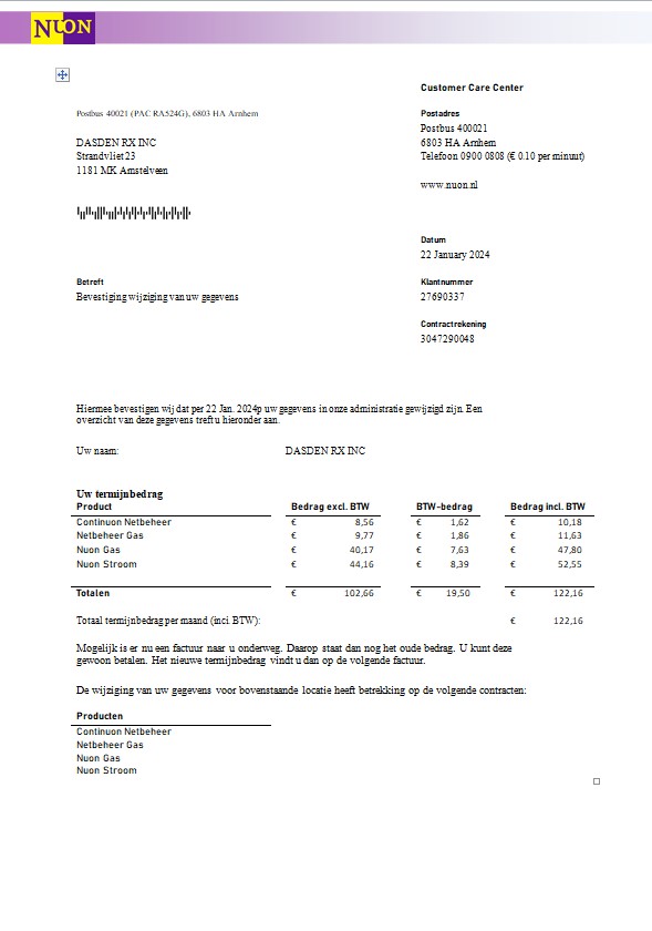 Netherlands NUON gas business utility bill template in Word and PDF format in Dutch language